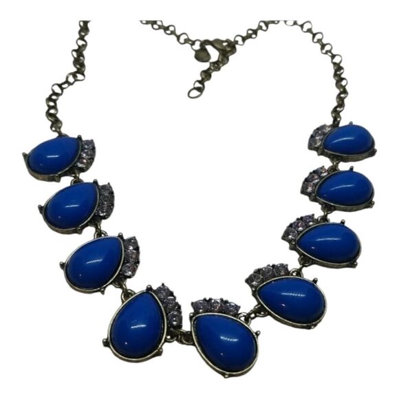 J.Crew Blue Necklace Oval Drop Rhinestone Link Station Statement Antique Gold - Picture 1 of 9
